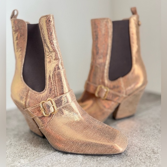 Sam Edelman Women's Suzette 2 Gold Square Toe High Heel Chelsea Boots Size 8.5 - Picture 1 of 10